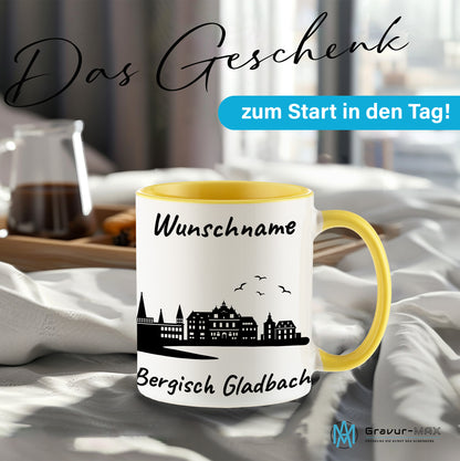 Tasse in Hellgelb 330ml bedruckt mit der Skyline von Bergisch Gladbach personalisierbar mit Wunschname