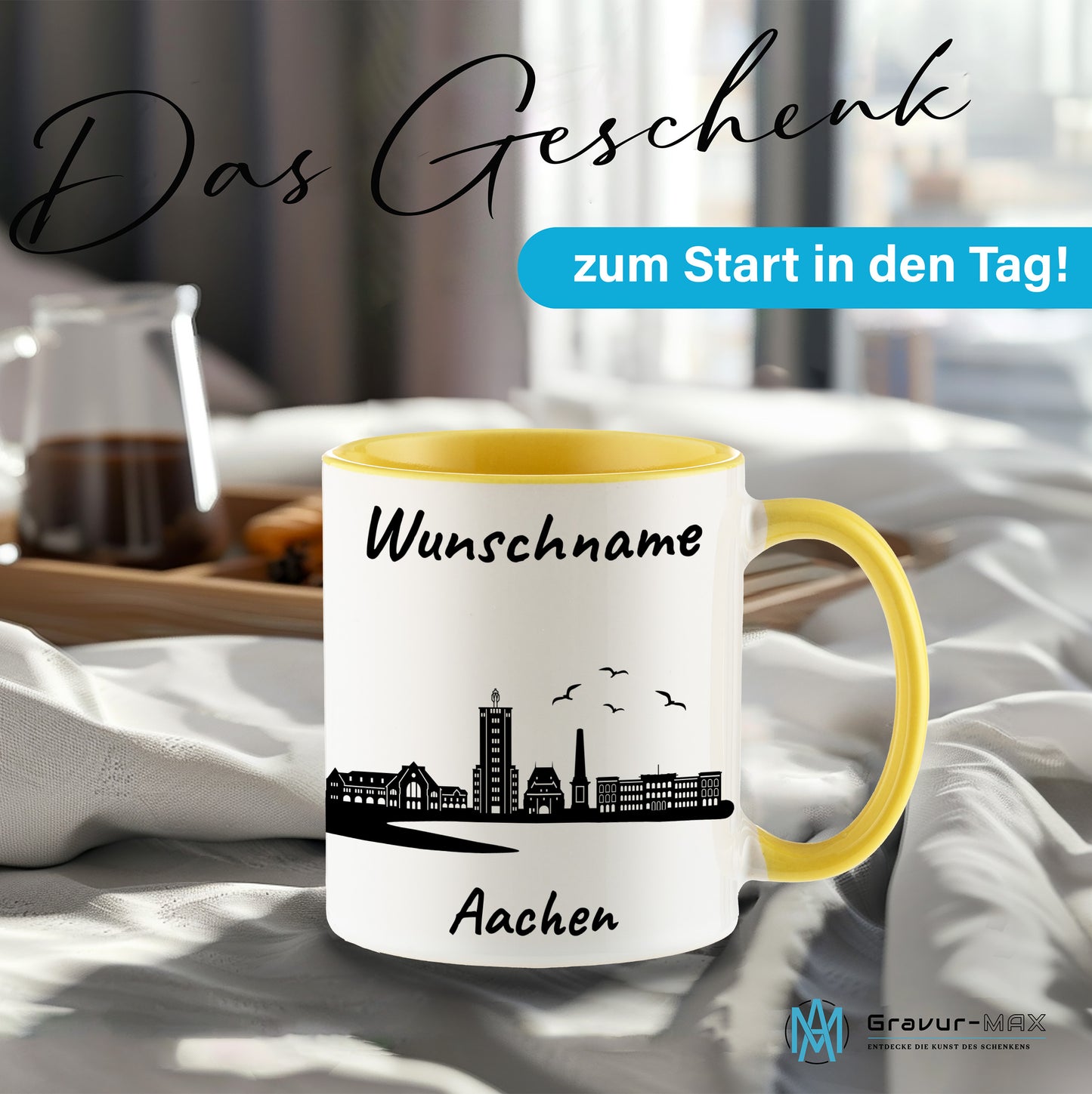 Tasse in Hellgelb 330ml bedruckt mit der Skyline von Aachen personalisierbar mit Wunschname