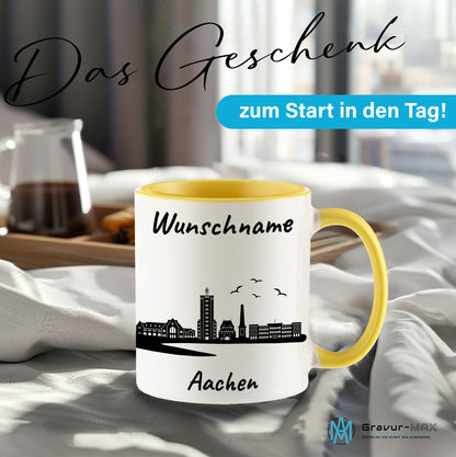Tasse in Hellgelb 330ml bedruckt mit der Skyline von Aachen personalisierbar mit Wunschname
