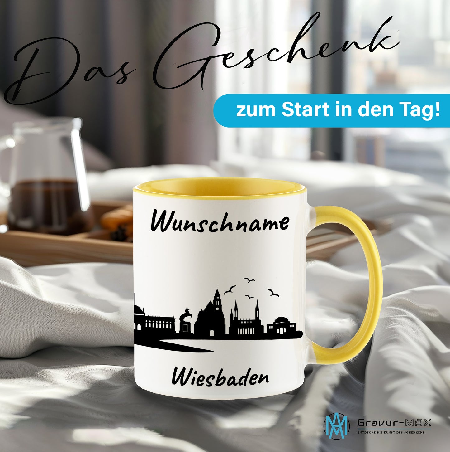 Tasse in Hellgelb 330ml bedruckt mit der Skyline von Wiesbaden personalisierbar mit Wunschname