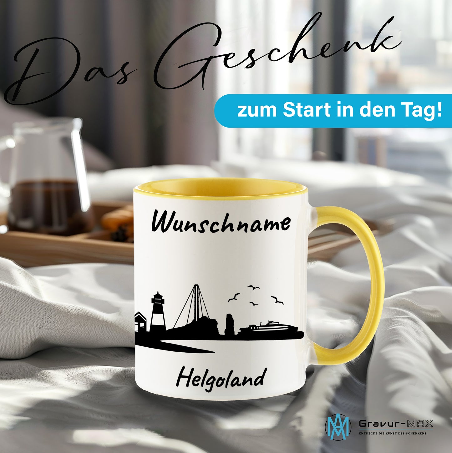 Tasse in Hellgelb 330ml bedruckt mit der Skyline von Helgoland personalisierbar mit Wunschname