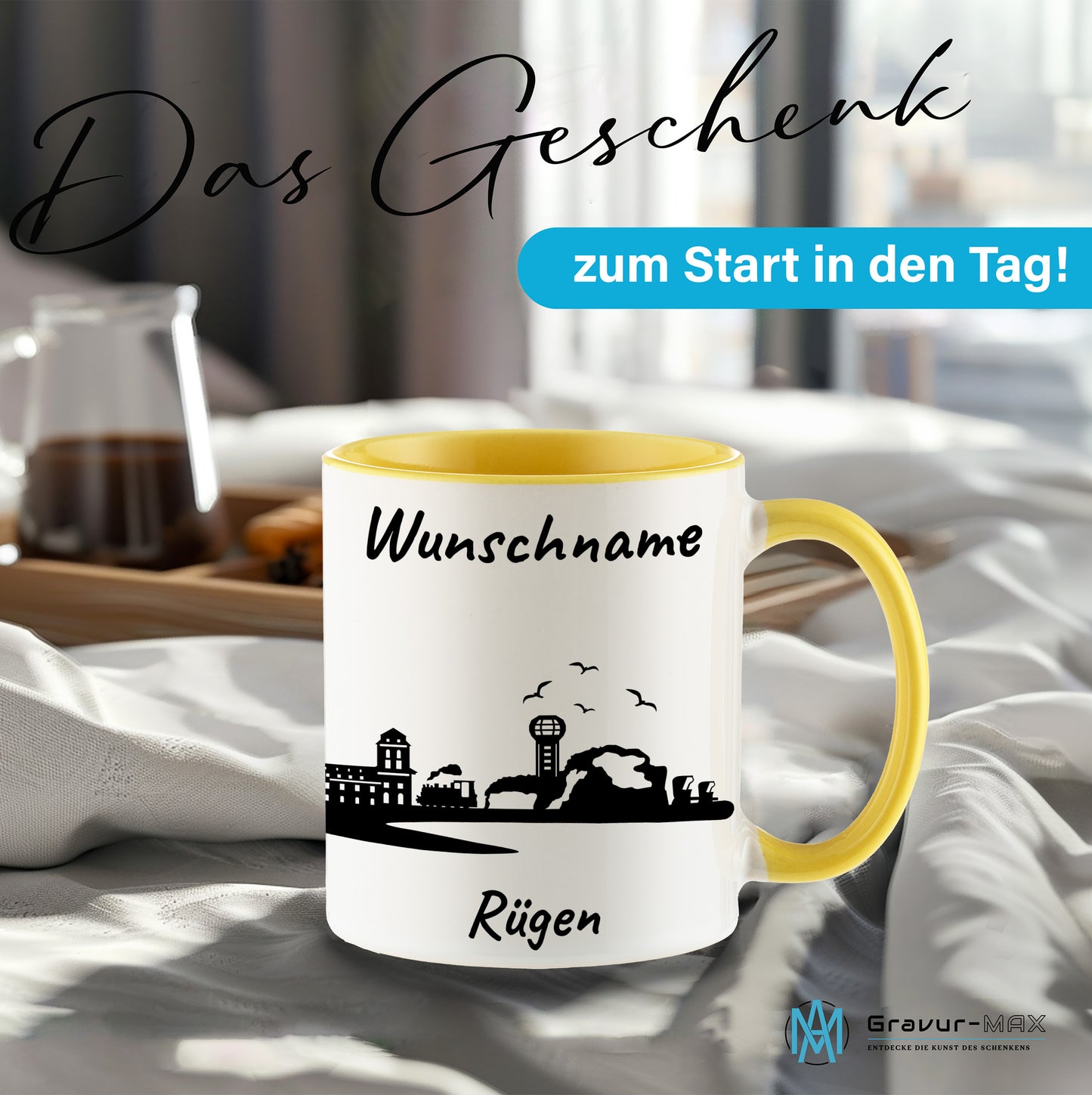 Tasse in Hellgelb 330ml bedruckt mit der Skyline von Rügen personalisierbar mit Wunschname
