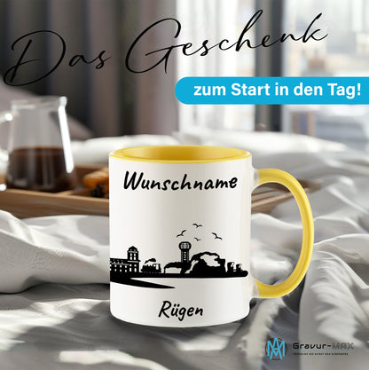 Tasse in Hellgelb 330ml bedruckt mit der Skyline von Rügen personalisierbar mit Wunschname