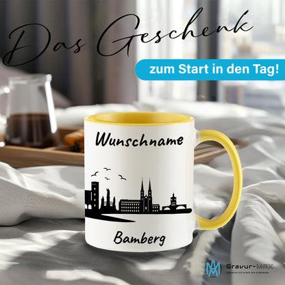 Tasse in Hellgelb 330ml bedruckt mit der Skyline von Bamberg personalisierbar mit Wunschname