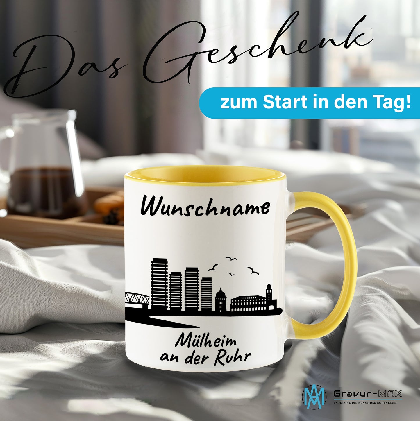 Tasse in Hellgelb 330ml bedruckt mit der Skyline von Mülheim an der Ruhr personalisierbar mit Wunschname