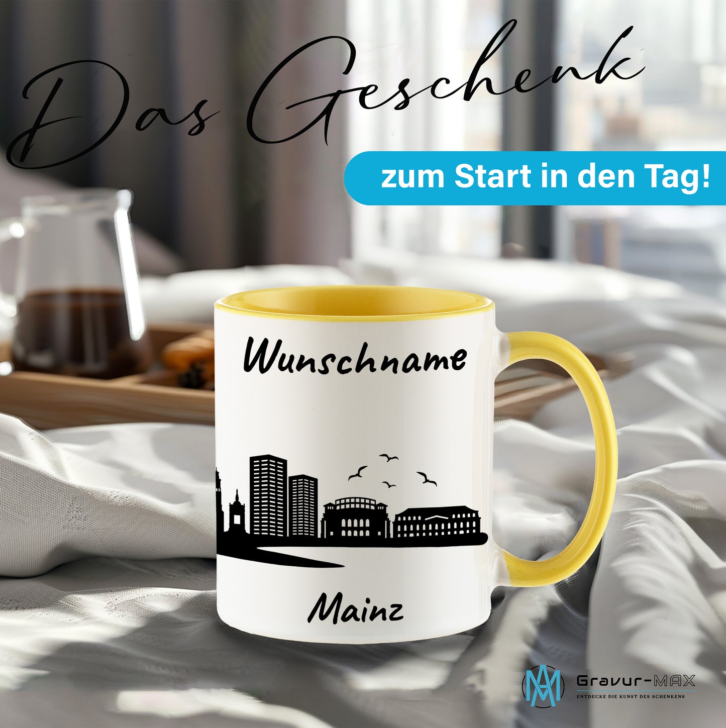 Tasse in Hellgelb 330ml bedruckt mit der Skyline von Mainz personalisierbar mit Wunschname