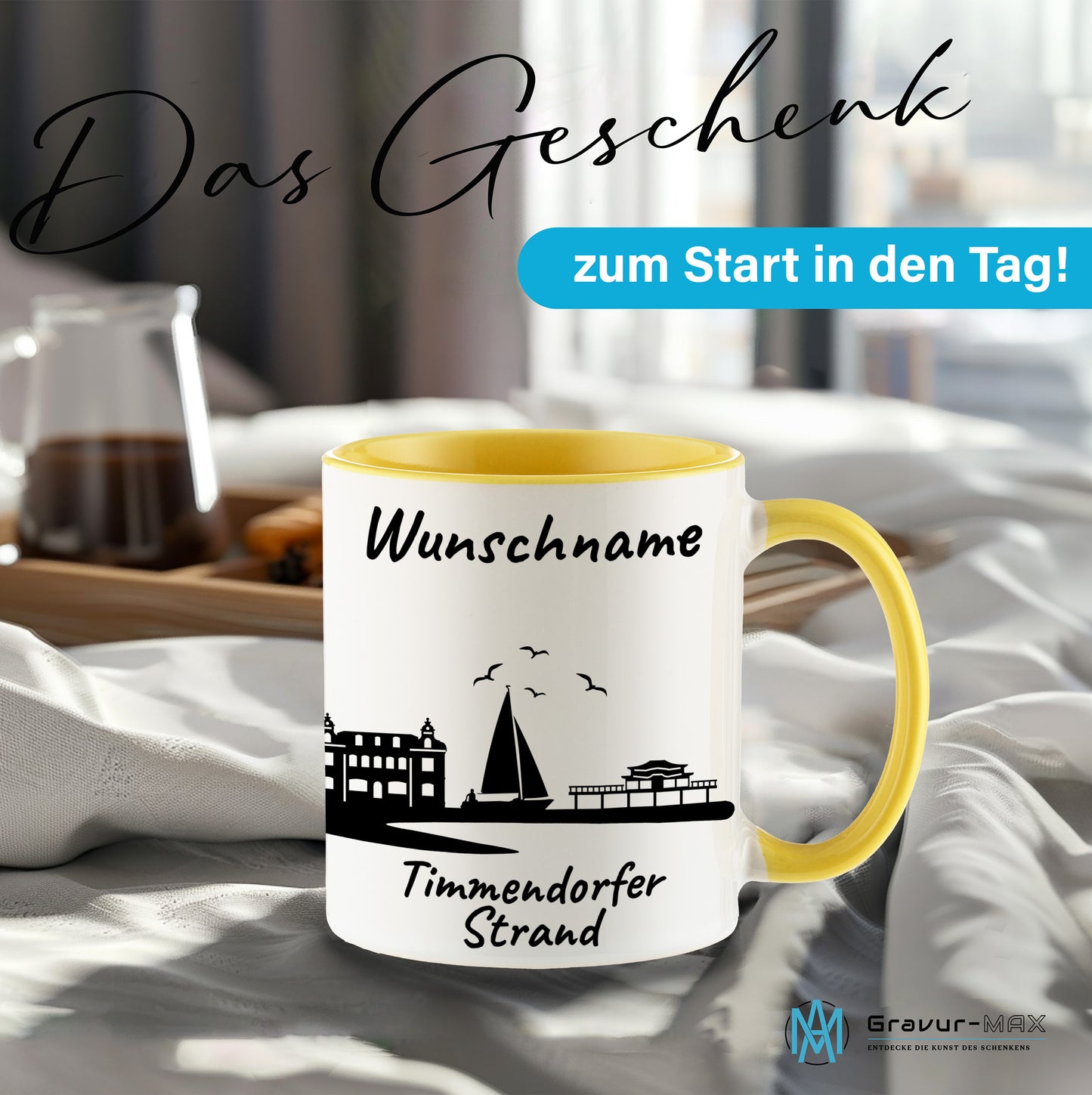 Tasse in Hellgelb 330ml bedruckt mit der Skyline von Timmendorfer Strand personalisierbar mit Wunschname
