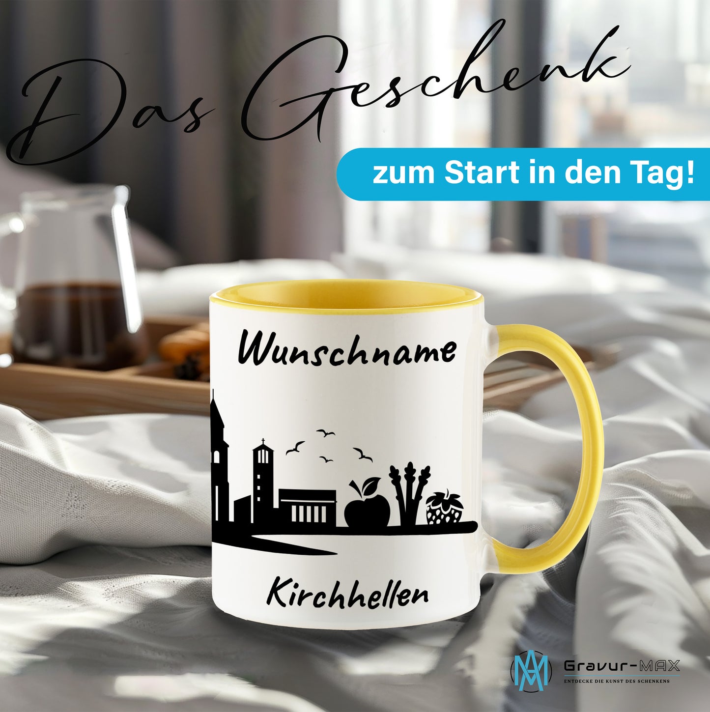 Tasse in Hellgelb 330ml bedruckt mit der Skyline von Kirchhellen personalisierbar mit Wunschname