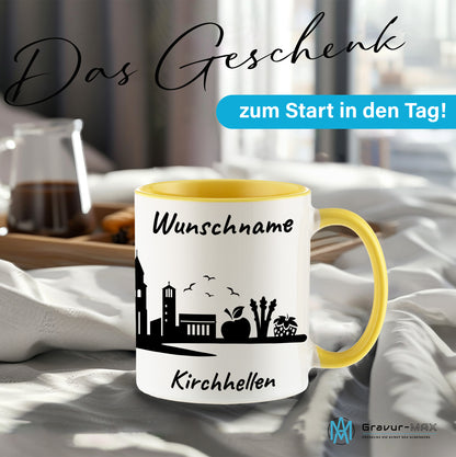 Tasse in Hellgelb 330ml bedruckt mit der Skyline von Kirchhellen personalisierbar mit Wunschname