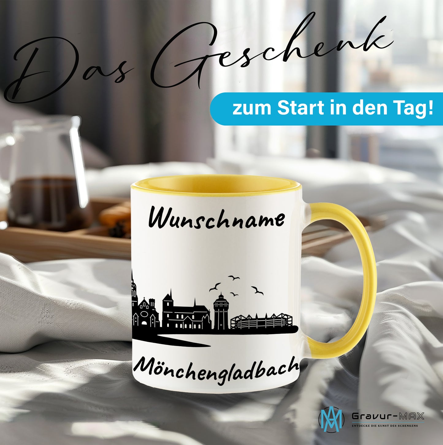 Tasse in Hellgelb 330ml bedruckt mit der Skyline von Mönchengladbach personalisierbar mit Wunschname