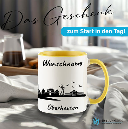 Tasse in Hellgelb 330ml bedruckt mit der Skyline von Oberhausen personalisierbar mit Wunschname