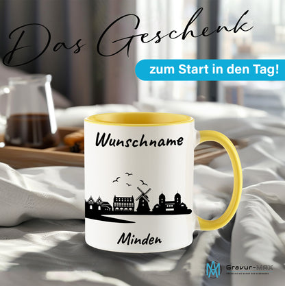 Tasse in Hellgelb 330ml bedruckt mit der Skyline von Minden personalisierbar mit Wunschname