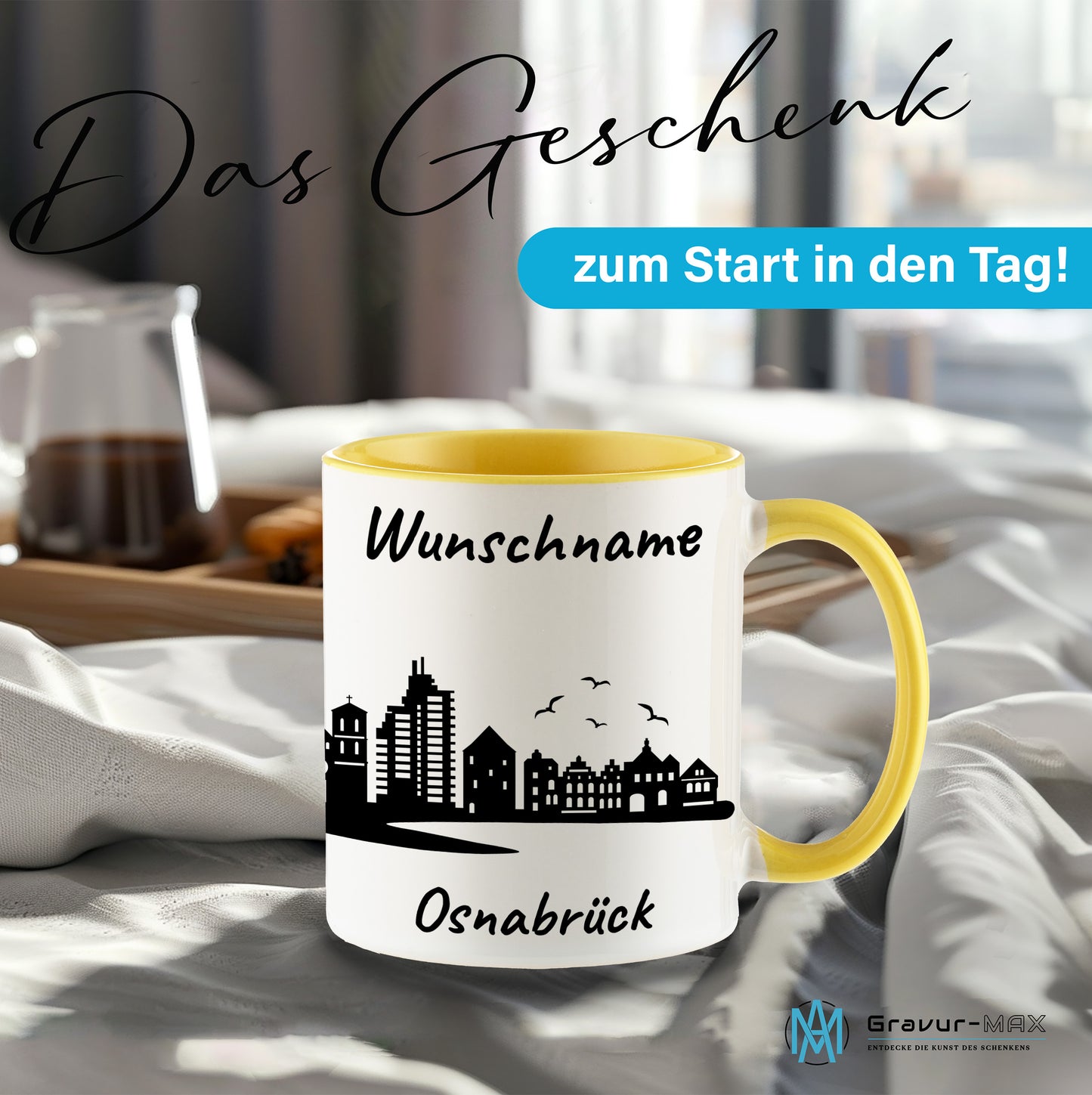 Tasse in Hellgelb 330ml bedruckt mit der Skyline von Osnabrück personalisierbar mit Wunschname