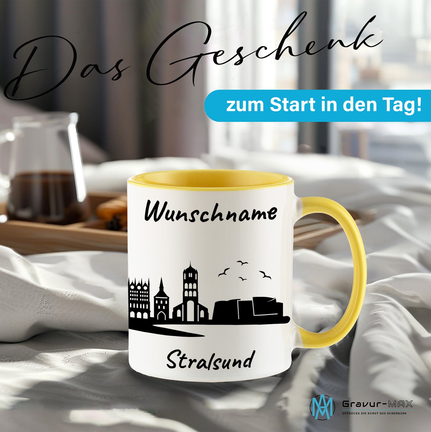 Tasse in Hellgelb 330ml bedruckt mit der Skyline von Stralsund personalisierbar mit Wunschname