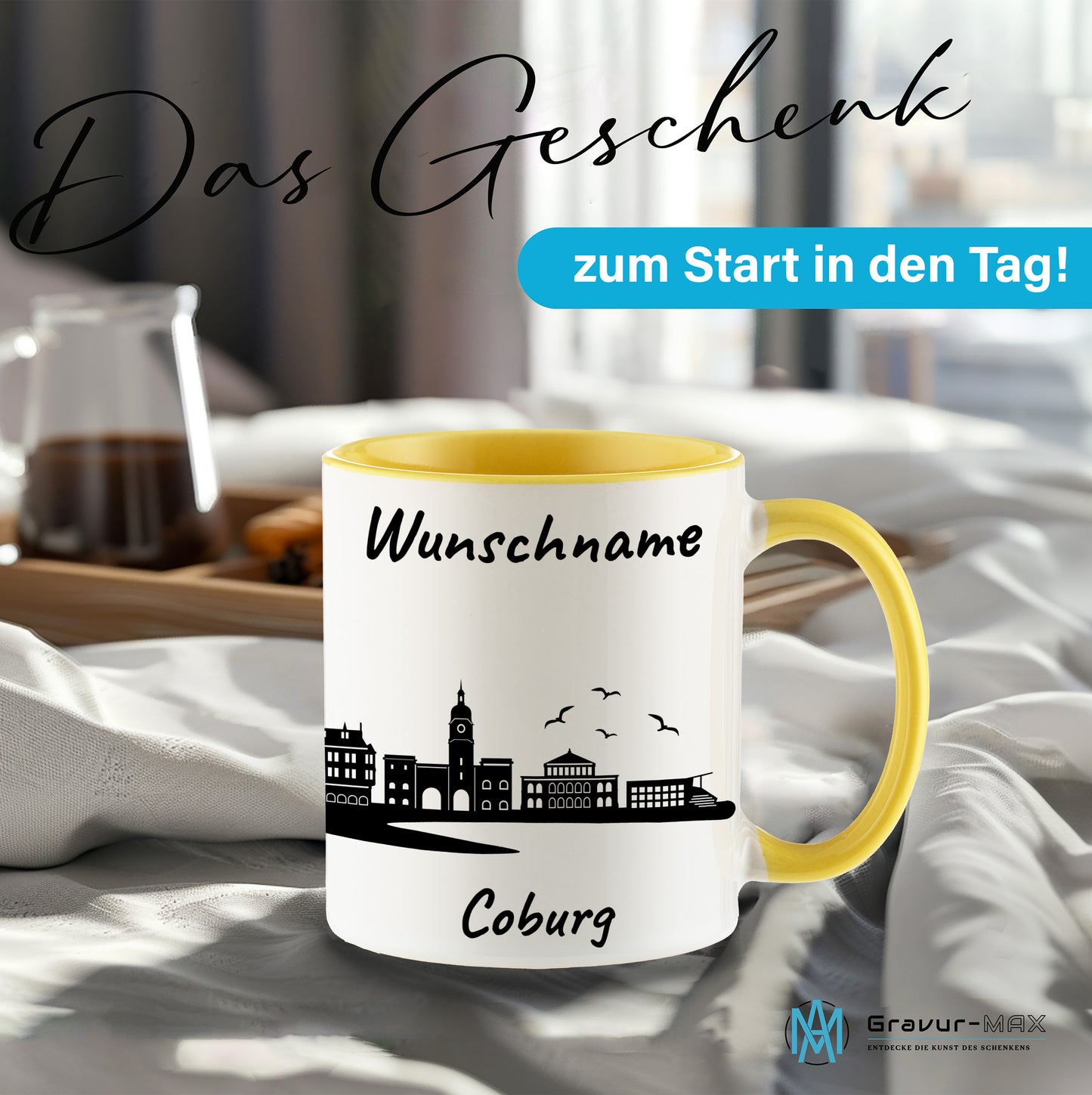 Tasse in Hellgelb 330ml bedruckt mit der Skyline von Coburg personalisierbar mit Wunschname