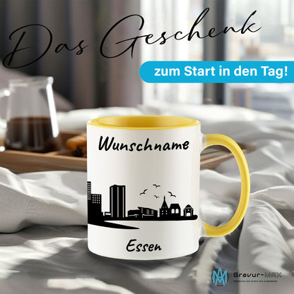 Tasse in Hellgelb 330ml bedruckt mit der Skyline von Essen personalisierbar mit Wunschname