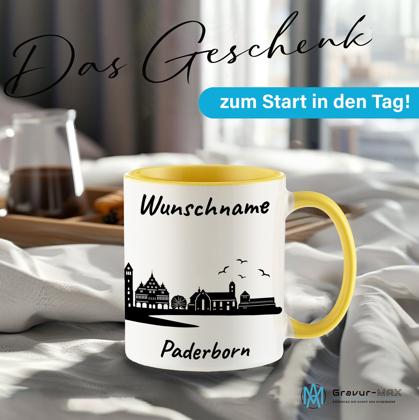 Tasse in Hellgelb 330ml bedruckt mit der Skyline von Paderborn personalisierbar mit Wunschname