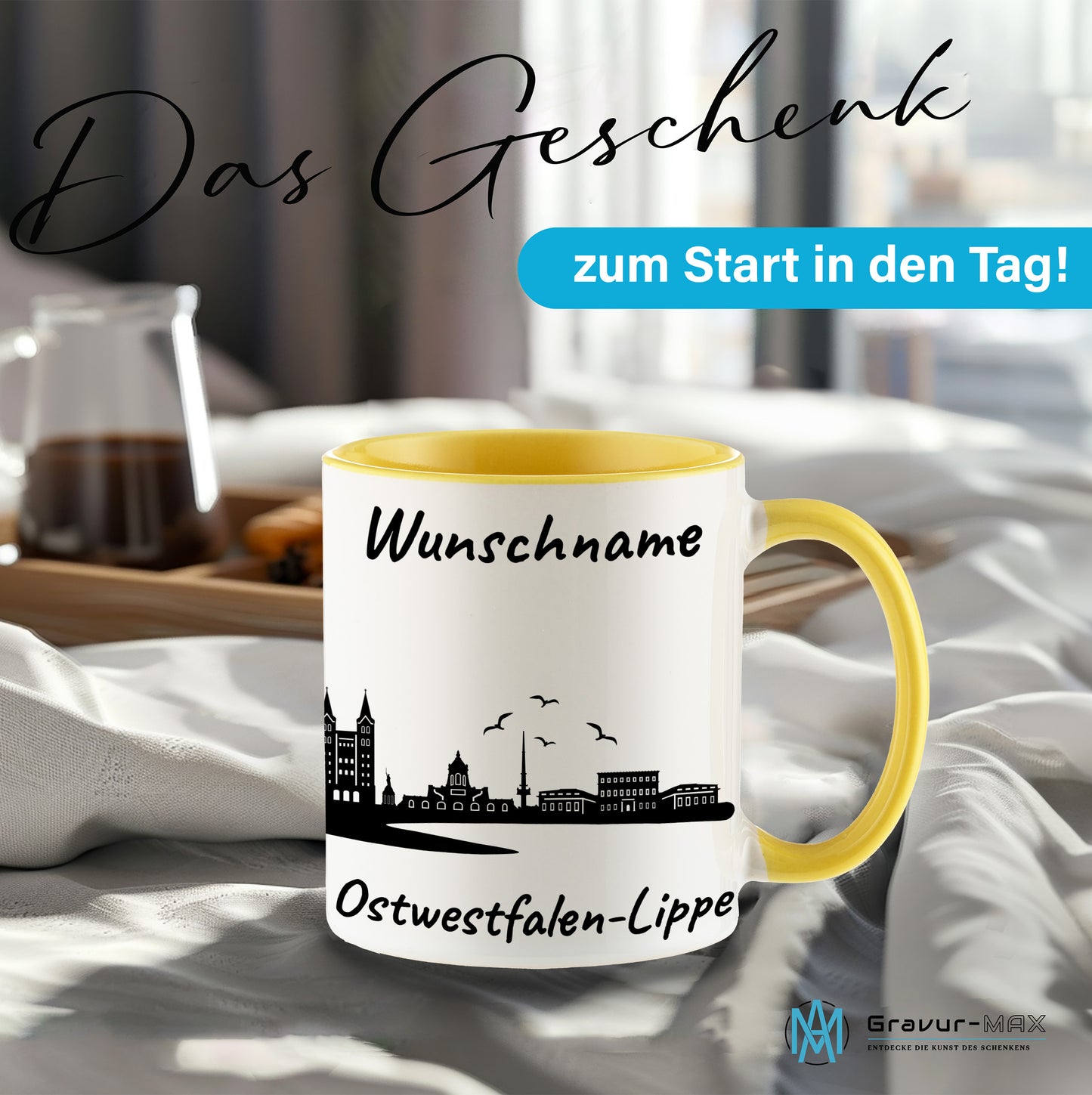 Tasse in Hellgelb 330ml bedruckt mit der Skyline von Ostwestfalen-Lippe personalisierbar mit Wunschname