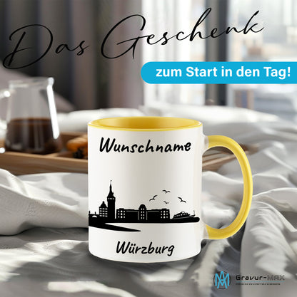 Tasse in Hellgelb 330ml bedruckt mit der Skyline von Würzburg personalisierbar mit Wunschname