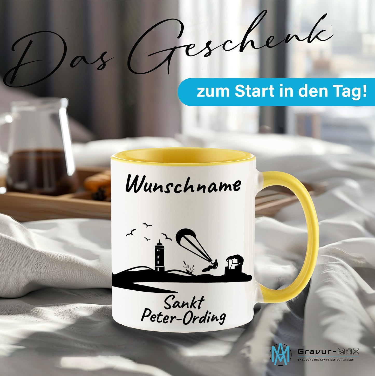 Tasse in Hellgelb 330ml bedruckt mit der Skyline von Sankt Peter-Ording personalisierbar mit Wunschname