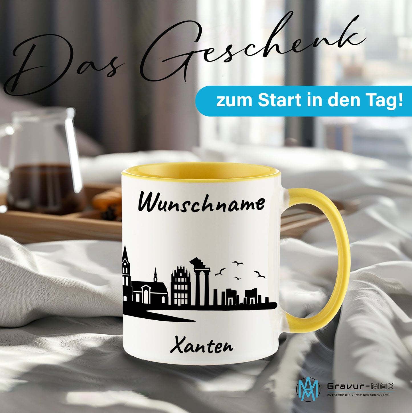 Tasse in Hellgelb 330ml bedruckt mit der Skyline von Xanten personalisierbar mit Wunschname