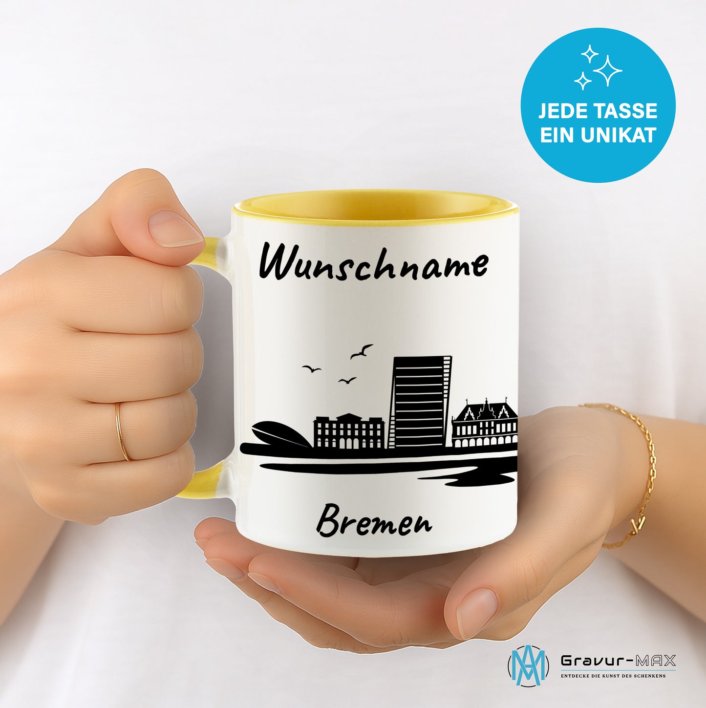 Tasse in Hellgelb 330ml bedruckt mit der Skyline von Bremen personalisierbar mit Wunschname