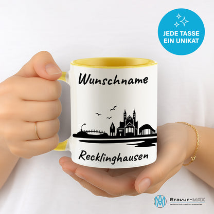 Tasse in Hellgelb 330ml bedruckt mit der Skyline von Recklinghausen personalisierbar mit Wunschname