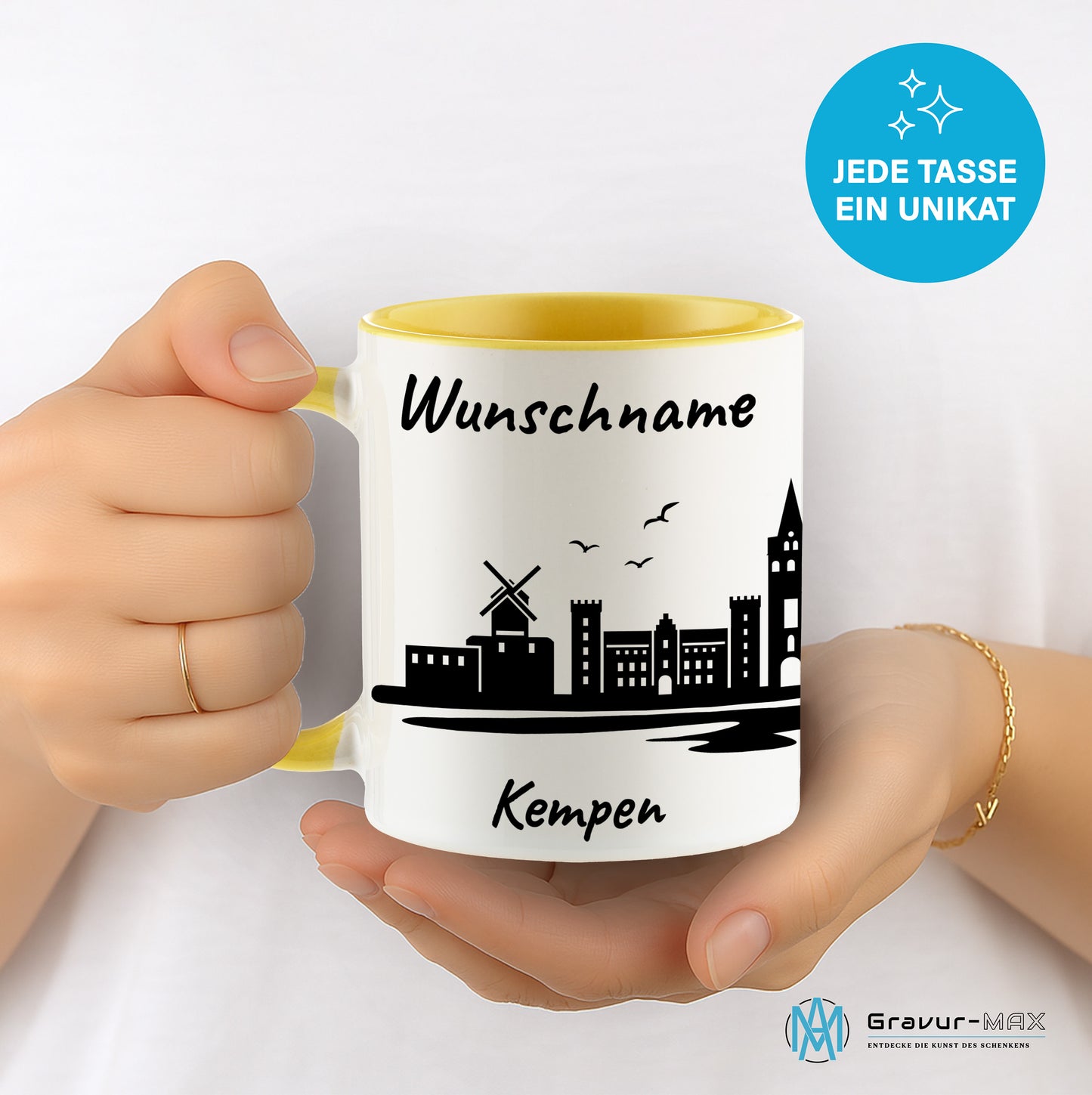Tasse in Hellgelb 330ml bedruckt mit der Skyline von Kempen personalisierbar mit Wunschname