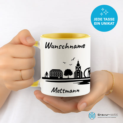Tasse in Hellgelb 330ml bedruckt mit der Skyline von Mettmann personalisierbar mit Wunschname