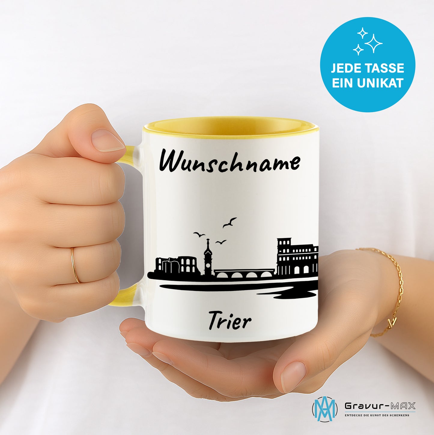 Tasse in Hellgelb 330ml bedruckt mit der Skyline von Trier personalisierbar mit Wunschname