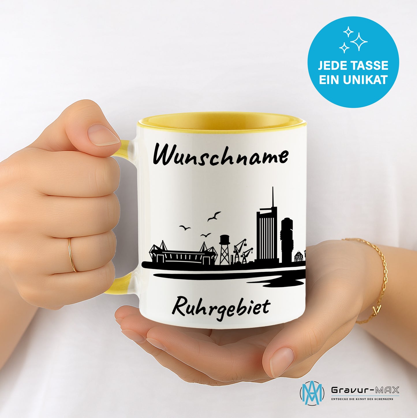 Tasse in Hellgelb 330ml bedruckt mit der Skyline von Ruhrgebiet personalisierbar mit Wunschname