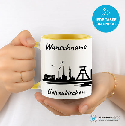Tasse in Hellgelb 330ml bedruckt mit der Skyline von Gelsenkirchen personalisierbar mit Wunschname