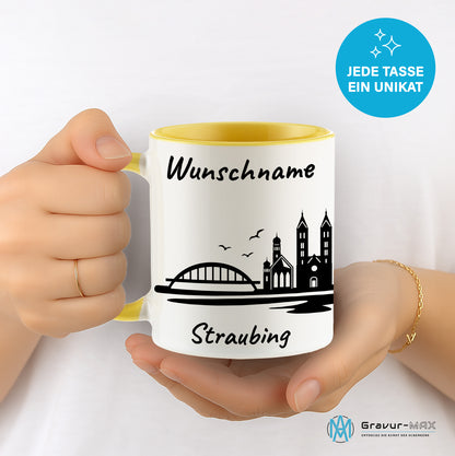 Tasse in Hellgelb 330ml bedruckt mit der Skyline von Straubing personalisierbar mit Wunschname