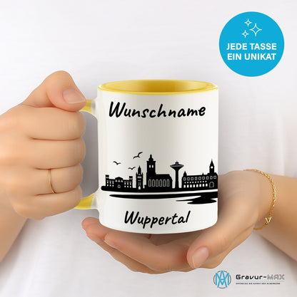 Tasse in Hellgelb 330ml bedruckt mit der Skyline von Wuppertal personalisierbar mit Wunschname