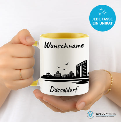 Tasse in Hellgelb 330ml bedruckt mit der Skyline von Düsseldorf personalisierbar mit Wunschname