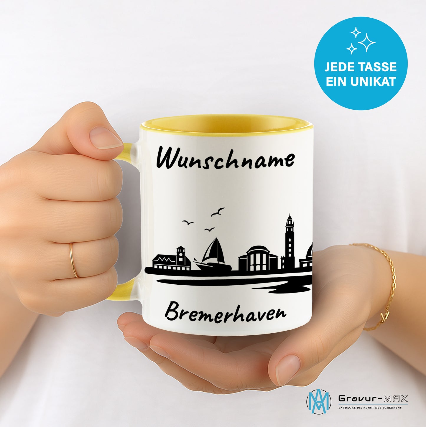 Tasse in Hellgelb 330ml bedruckt mit der Skyline von Bremerhaven personalisierbar mit Wunschname