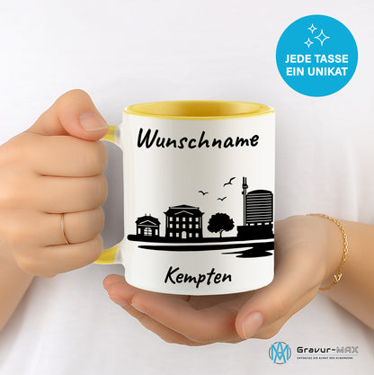 Tasse in Hellgelb 330ml bedruckt mit der Skyline von Kempten personalisierbar mit Wunschname