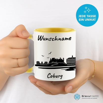 Tasse in Hellgelb 330ml bedruckt mit der Skyline von Coburg personalisierbar mit Wunschname