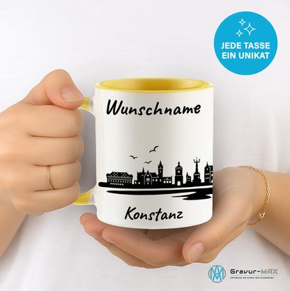 Tasse in Hellgelb 330ml bedruckt mit der Skyline von Konstanz personalisierbar mit Wunschname