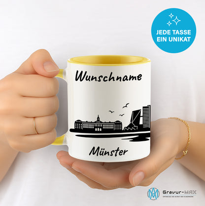 Tasse in Hellgelb 330ml bedruckt mit der Skyline von Münster personalisierbar mit Wunschname