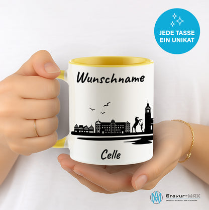 Tasse in Hellgelb 330ml bedruckt mit der Skyline von Celle personalisierbar mit Wunschname