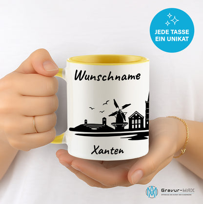 Tasse in Hellgelb 330ml bedruckt mit der Skyline von Xanten personalisierbar mit Wunschname