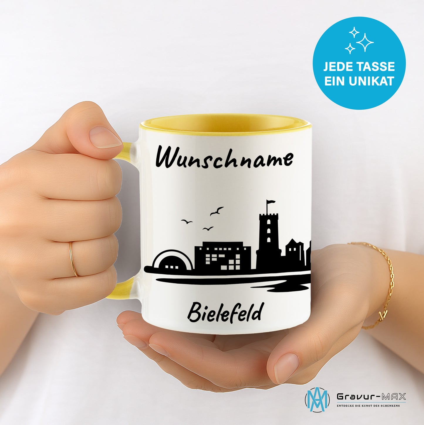 Tasse in Hellgelb 330ml bedruckt mit der Skyline von Bielefeld personalisierbar mit Wunschname