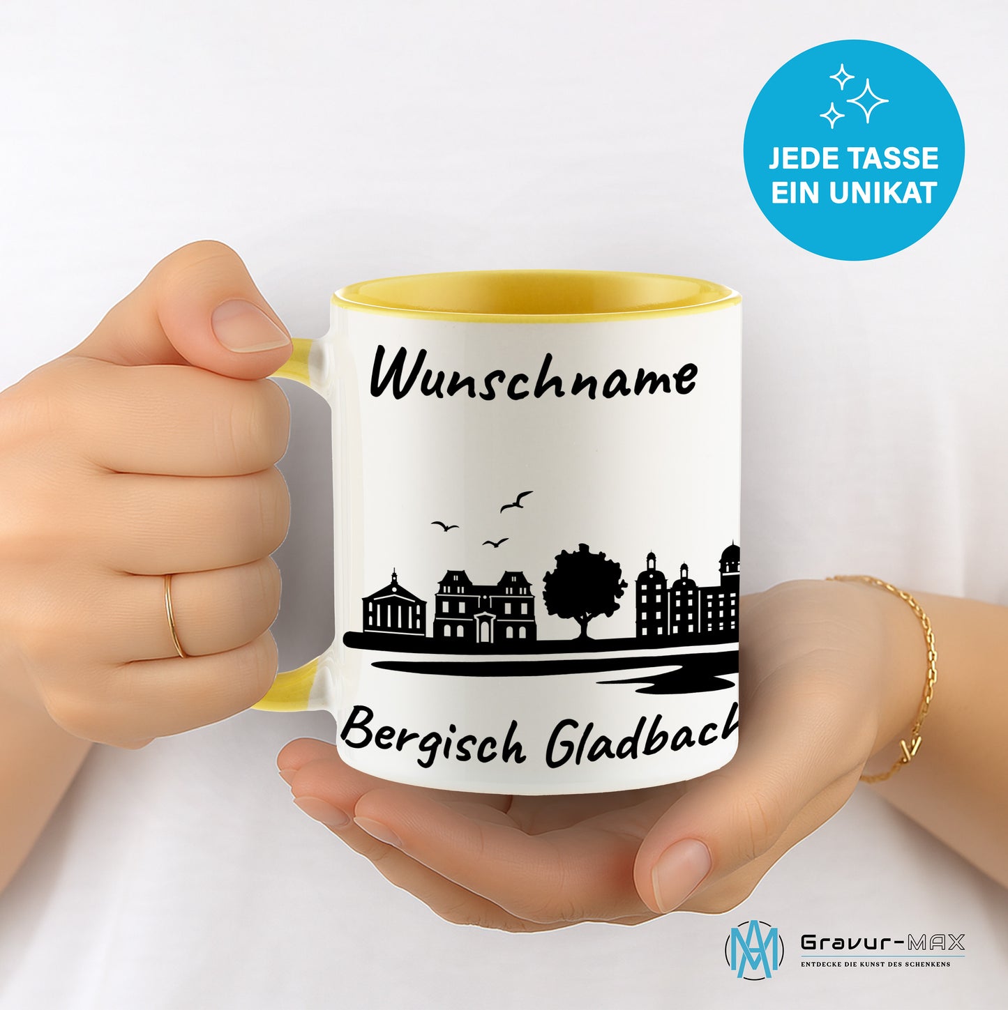 Tasse in Hellgelb 330ml bedruckt mit der Skyline von Bergisch Gladbach personalisierbar mit Wunschname