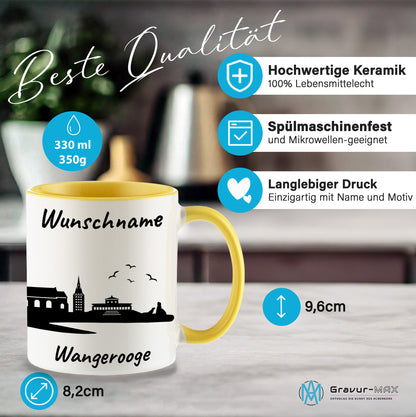 Tasse in Hellgelb 330ml bedruckt mit der Skyline von Wangerooge personalisierbar mit Wunschname