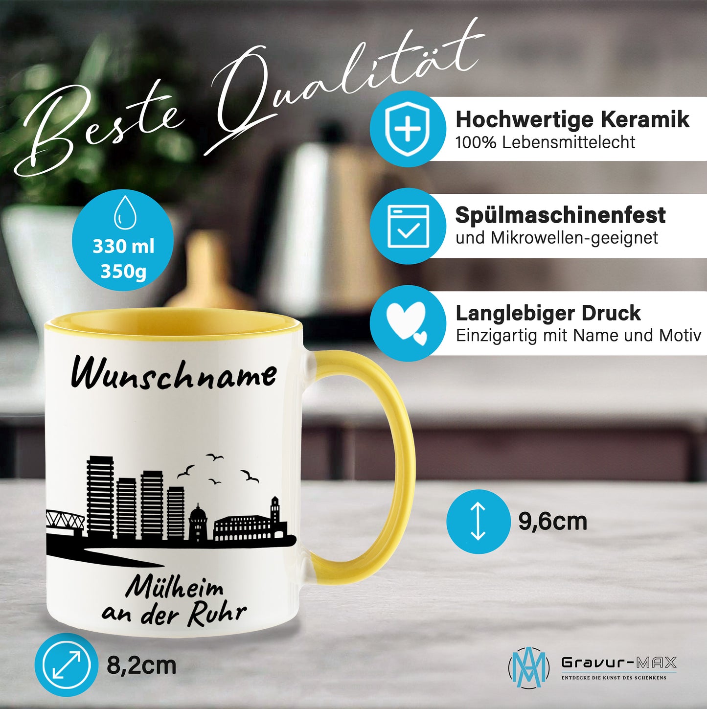 Tasse in Hellgelb 330ml bedruckt mit der Skyline von Mülheim an der Ruhr personalisierbar mit Wunschname