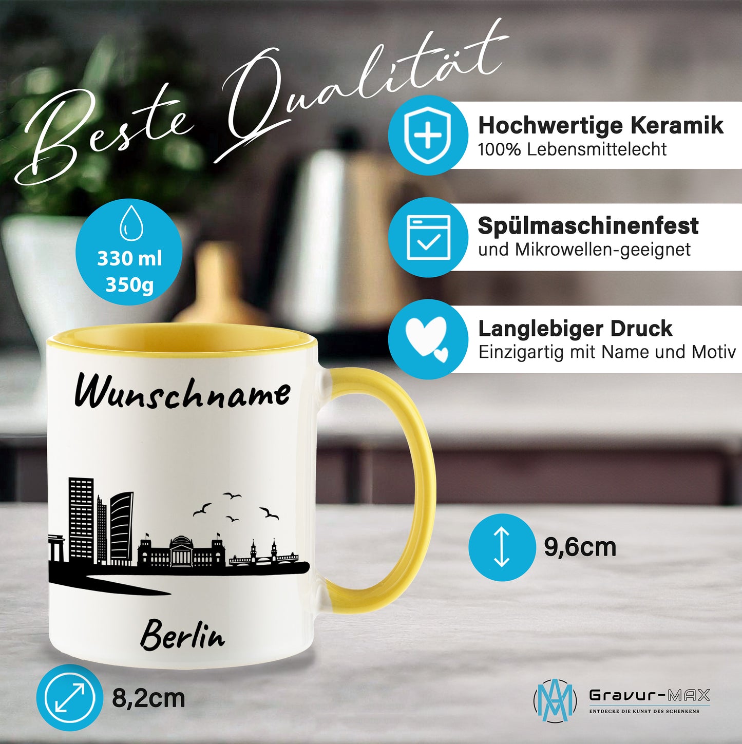Tasse in Hellgelb 330ml bedruckt mit der Skyline von Berlin personalisierbar mit Wunschname