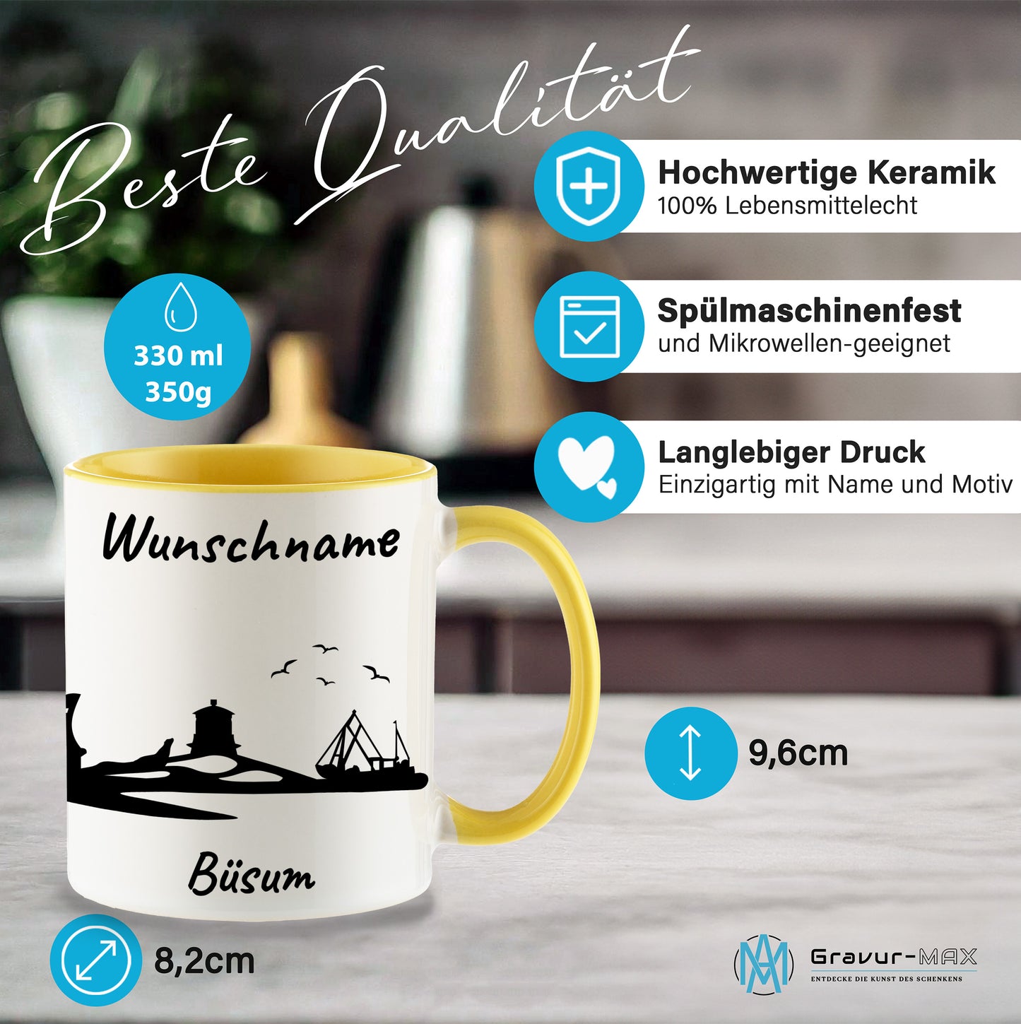 Tasse in Hellgelb 330ml bedruckt mit der Skyline von Büsum personalisierbar mit Wunschname