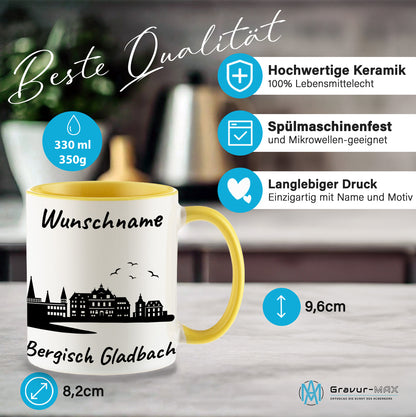Tasse in Hellgelb 330ml bedruckt mit der Skyline von Bergisch Gladbach personalisierbar mit Wunschname
