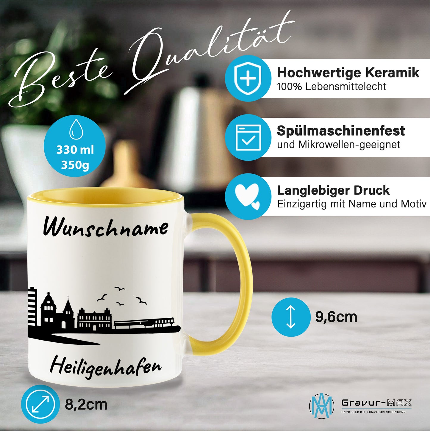 Tasse in Hellgelb 330ml bedruckt mit der Skyline von Heiligenhafen personalisierbar mit Wunschname
